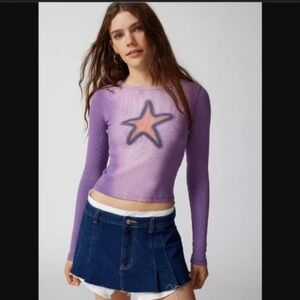 NWT:Urban Outfitters Star Icon Lavender Acid Washed Ribbed Long Sleeve Tee•Large